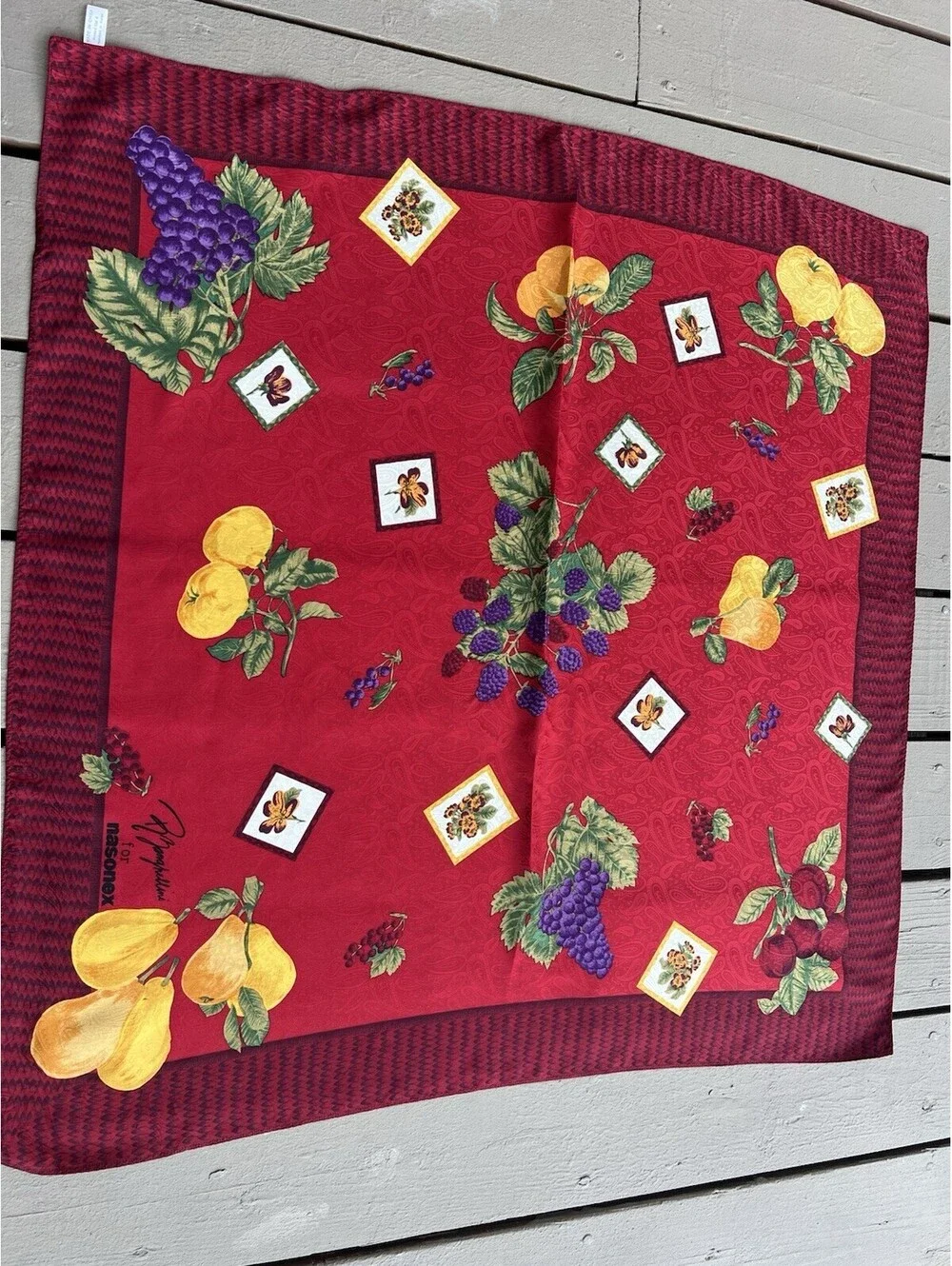 R Zanghellini for Nasonex Silk Red Scarf Ornate Fruit  34x34